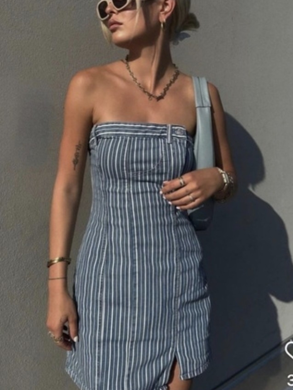 Zara Blue and White Striped Strapless Mini Dress